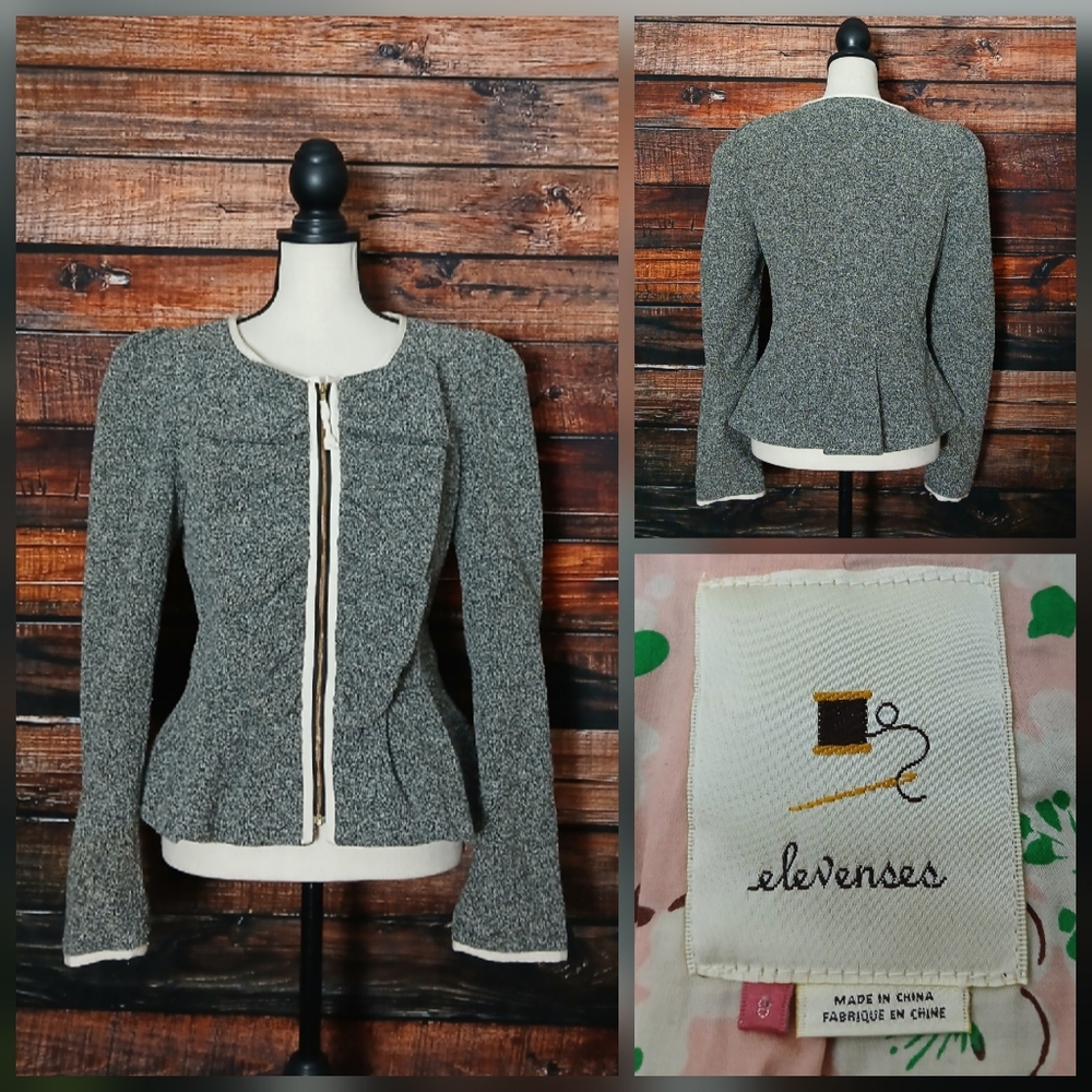 Elevenses Anthropologie Jacket 8 Peplum Victorian Ruffle Knit Gray Full Zip